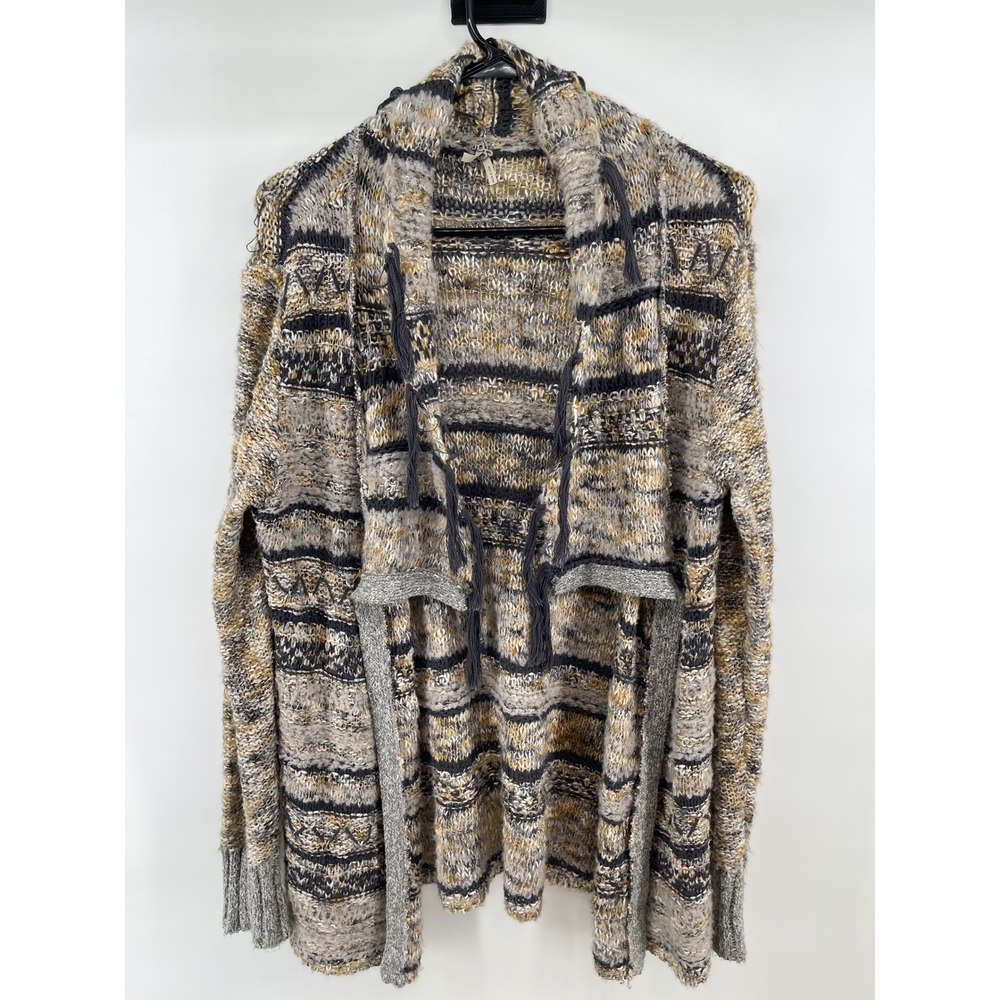 BKE Womens Open Front Cardigan Sweater Large Grey Tan Striped Tassel Boho Knit